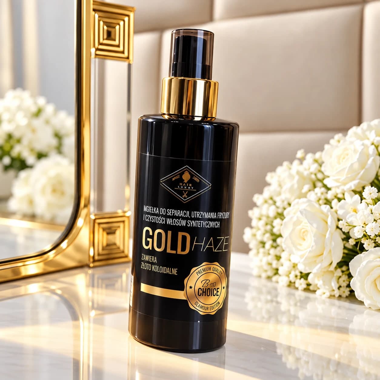 Mgiełka Gold Haze ze złotem koloidalnym na marmurowym blacie